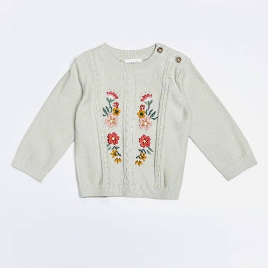 Viverano Organics - Floral Embroidered Cable Knit Baby Pullover (Organic): Stone / 0-3