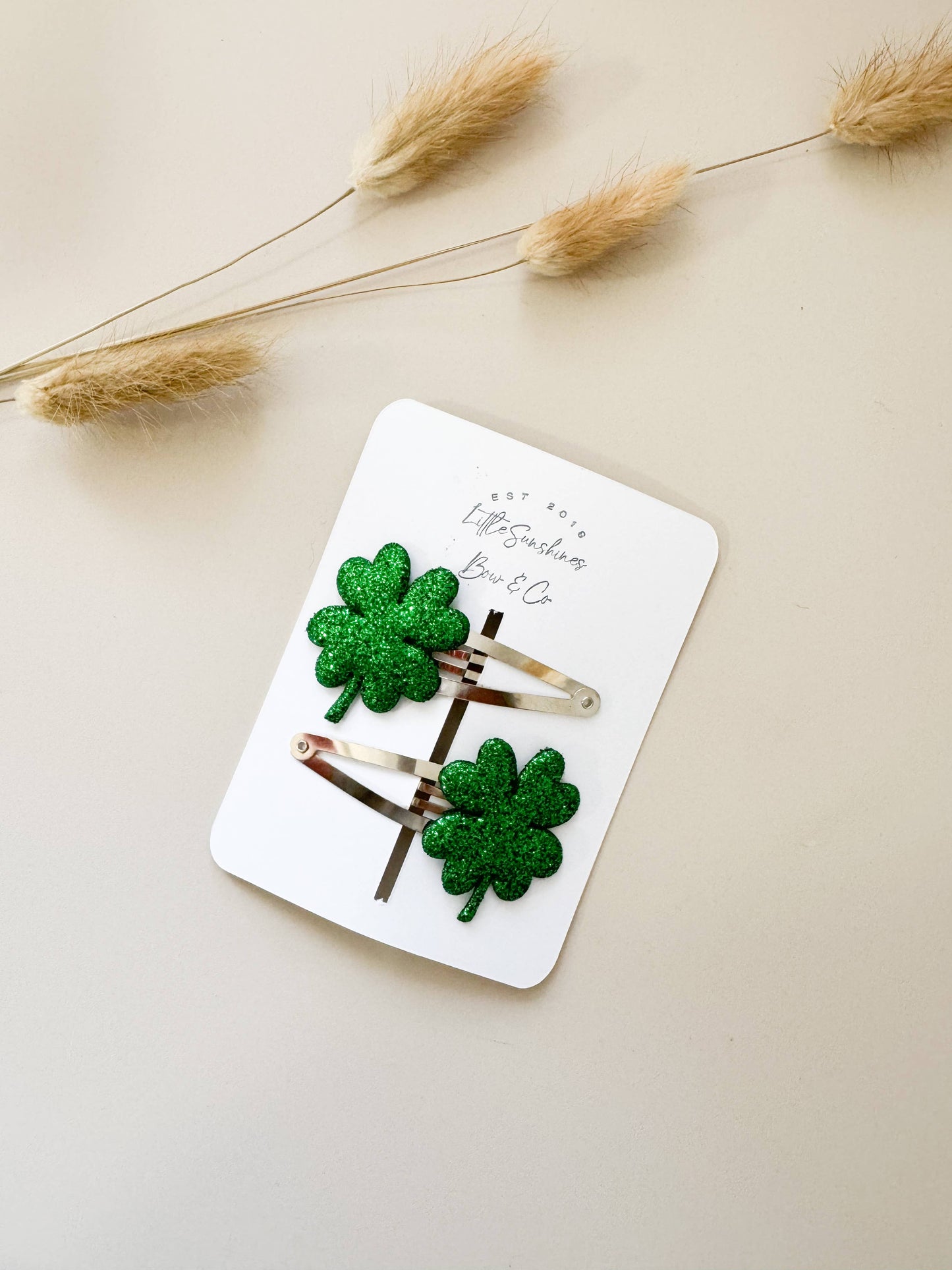 Little Sunshines Bow & Co - St Patricks Day Four Leaf Clover Snap Clips- Set of 2: Dark Green Four Leaf Clover Set