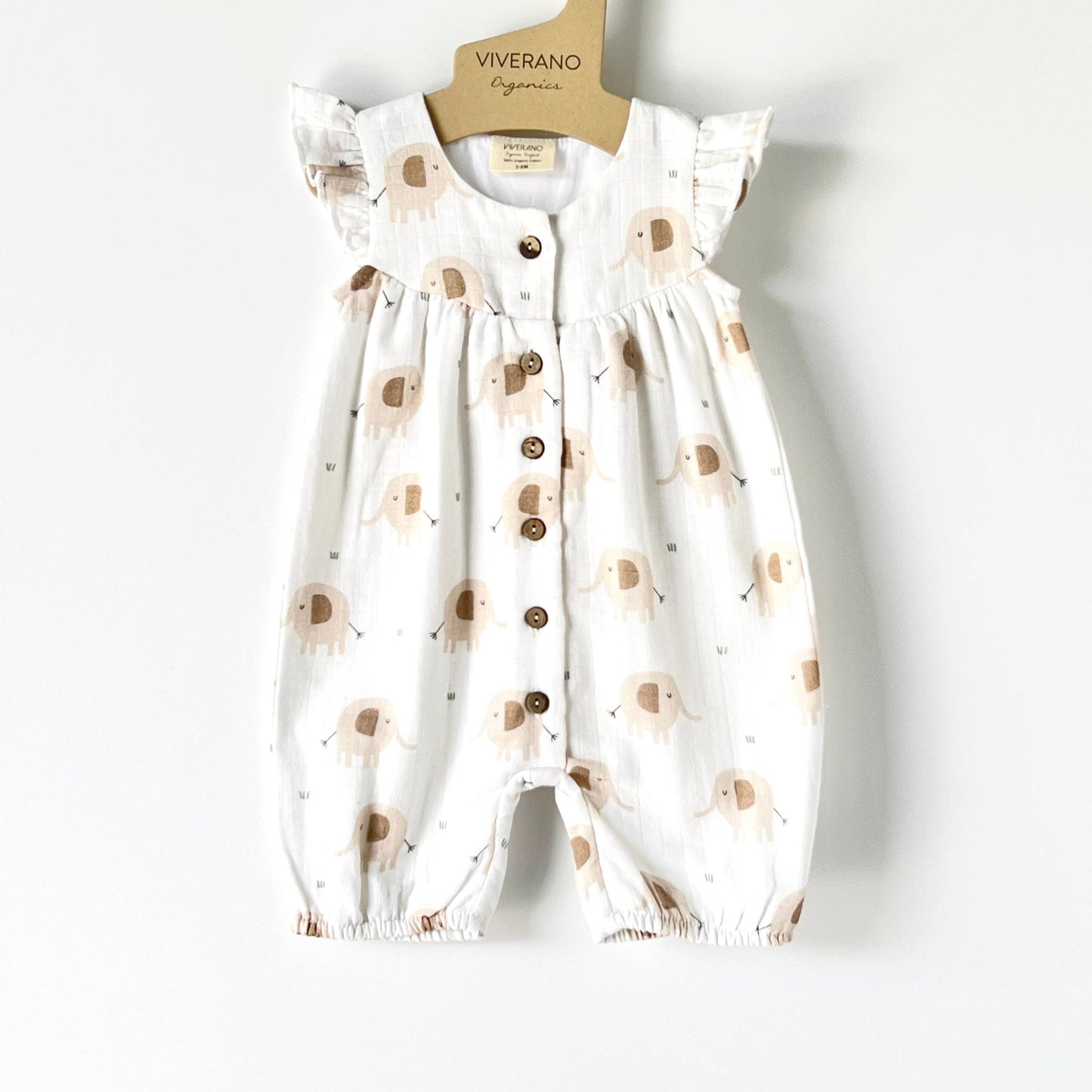 Viverano Organics - Elephant Ruffle & Button Baby Short Romper (Organic Muslin): Natural / 12-18M