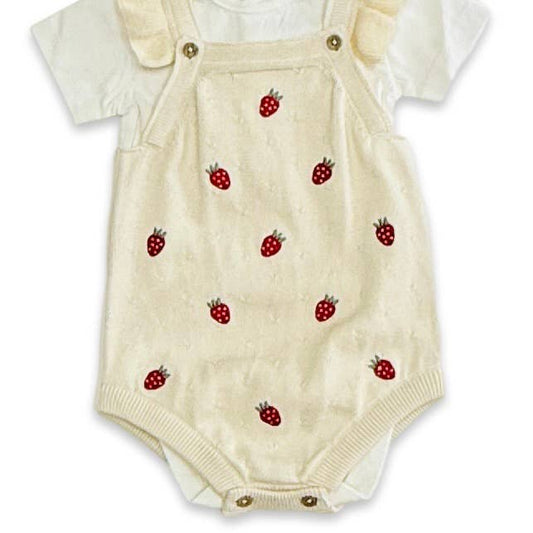 Viverano Organics - Strawberry Embroidered Knit Baby Ruffle Romper Set (Organic): Sweet Cream / 6-12M