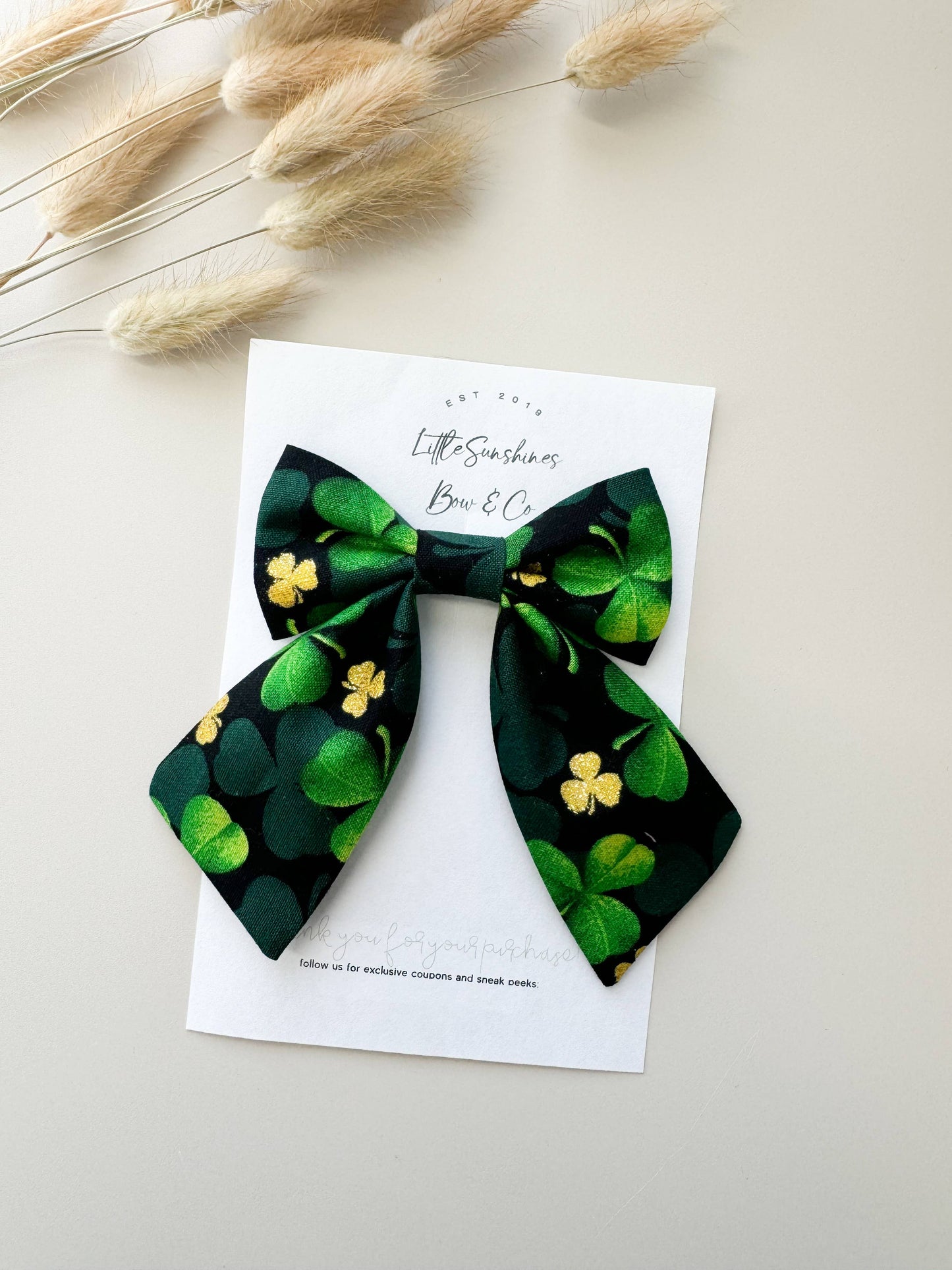 Little Sunshines Bow & Co - Gold Sparkle & Green Clovers St Patricks Day Sailor Bow: Small Sailor Bow