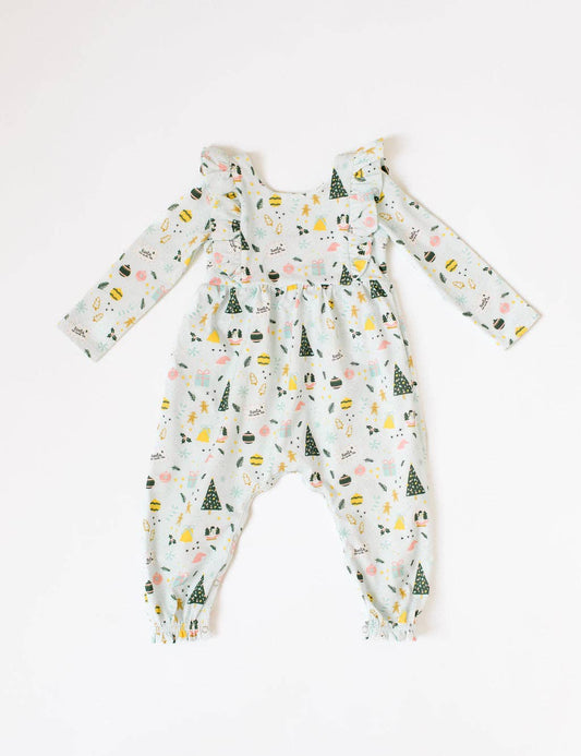 Ollie Jay - Mabel Romper in Festive Scenes | baby christmas clothing: 12/18m