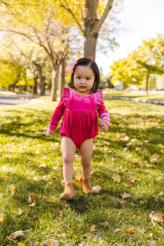 Ollie Jay - Leah Romper in Hot Pink VelvetĀ | Baby Bubble: 0/3m