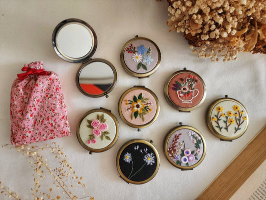 Quince Fables - Floral Embroidered Compact Mirror, Flower garden