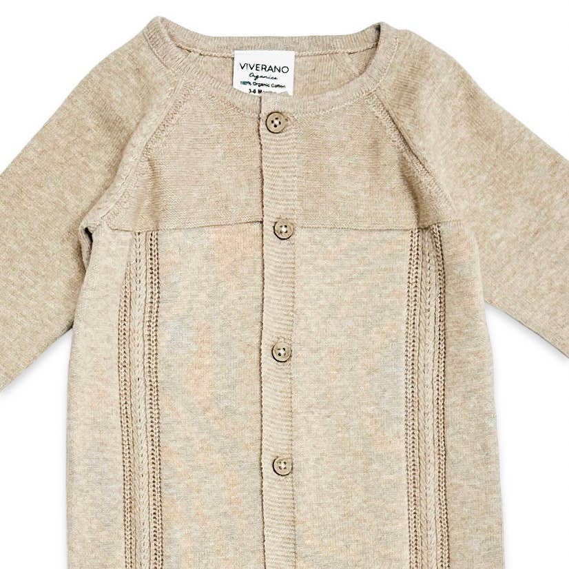 Viverano Organics - Pointelle Cable Knit Baby Jumpsuit - Organic Cotton - BEIGE / 6-12M