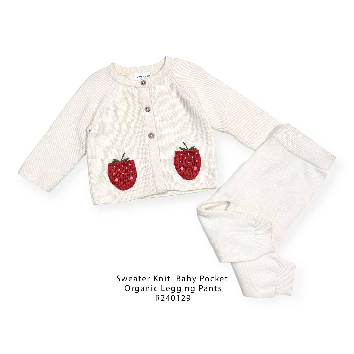 Viverano Organics - Strawberry Embroidered Pocket Baby Cardigan (Organic Cotton): Natural / 3-6M
