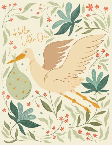 Amicreative - Hello Baby – Hand-Drawn Stork New Baby & Baby Shower Card: Single
