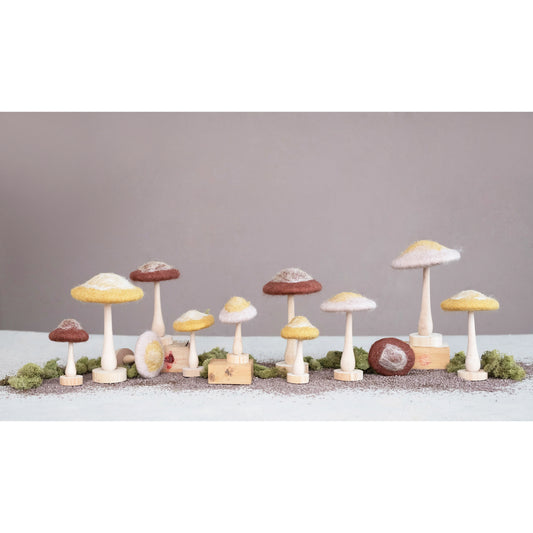 Wool Mushroom with Wood Base and Glitter, 3 Colors
