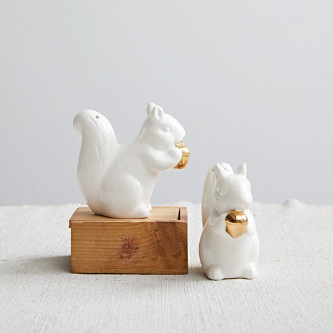 Stoneware Squirrel Salt & Pepper Shakers w/ Gold Electroplating, White, Set of 2