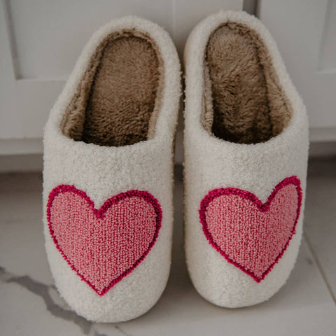 Katydid - Pink/Red Heart Fuzzy Slippers: L/XL