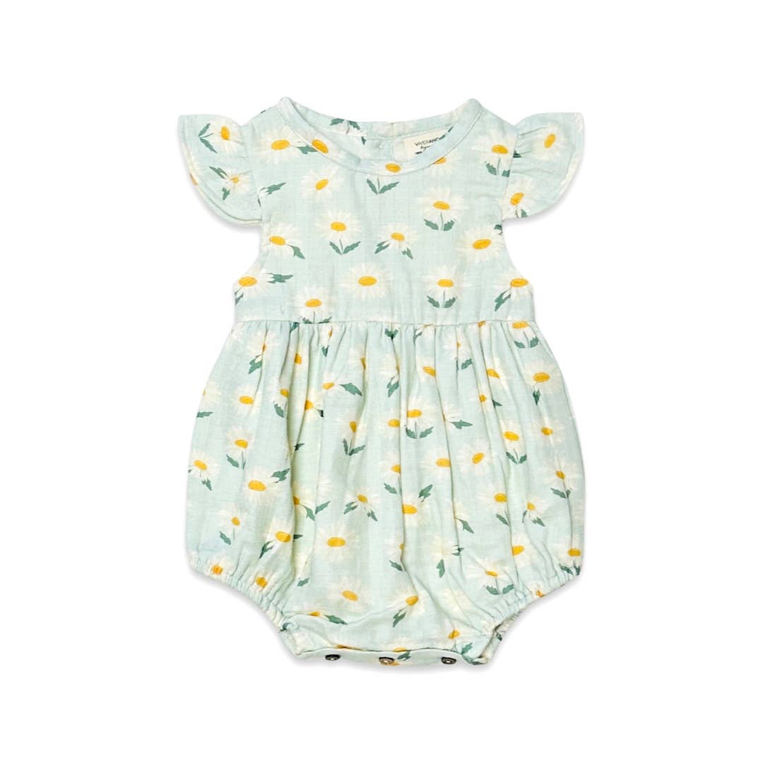 Viverano Organics - Daisies Ruffle Bodysuit Baby Romper (Organic Muslin): 6-12M / Pastel Green