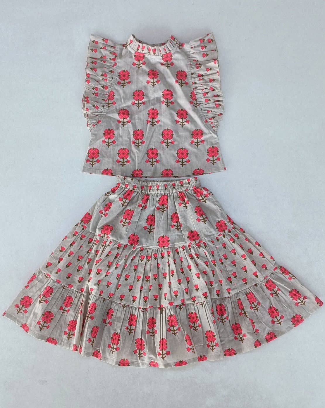 Yo Baby - Pink Floral Neck Ruffle Top & Tiered Skirt Set: 3YEAR