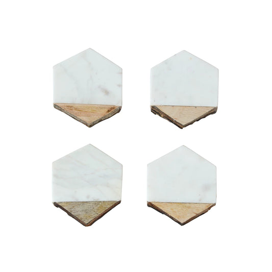 Marble and Mango Wood Coasters, Set of 4