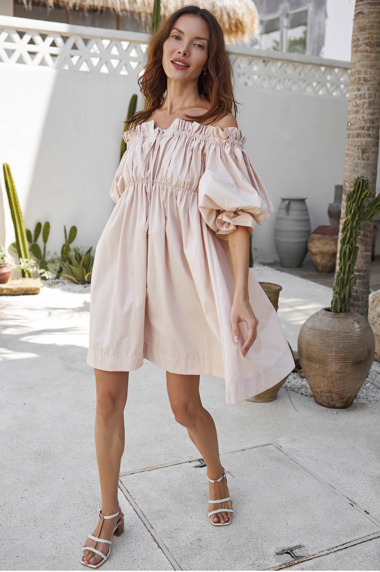 Bali ELF - Vacay Off Shoulder Puff Sleeve Cotton Mini Dress - Cream Urban Poppy Bali ELF - Vacay Off Shoulder Puff Sleeve Cotton Mini Dress - Cream Urban Poppy
