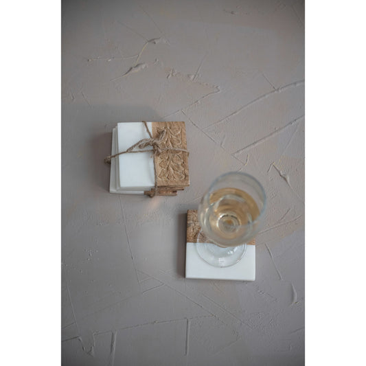 Marble and Hand-Carved Wood Coasters, Set of 4