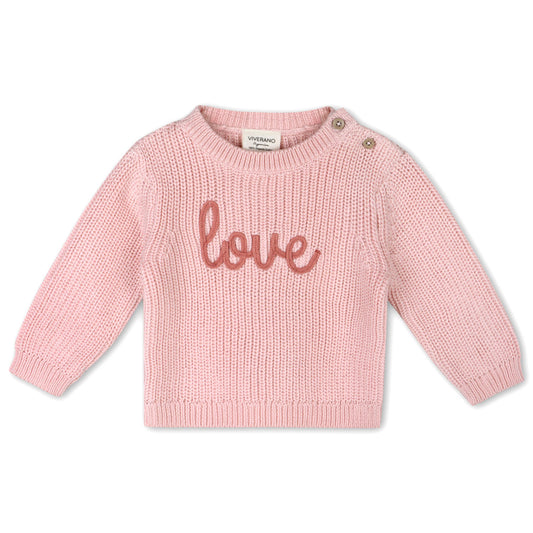 Viverano Organics - Love Embroidered Chunky Knit Baby Sweater (Organic): Blush Pink / 6-12M