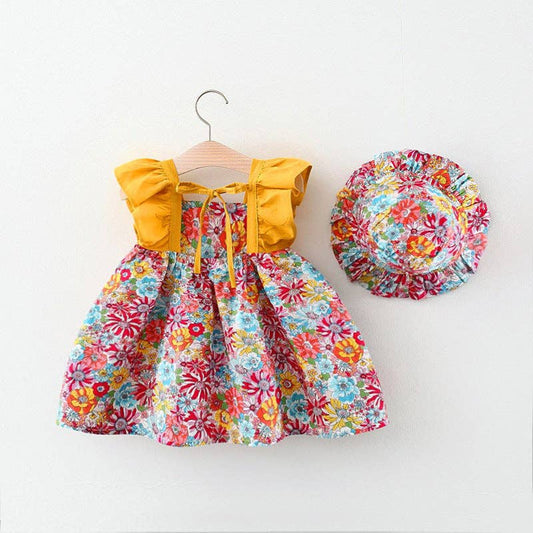 MyKids-USA® - Baby Girl Flower Pattern Butterfly Sleeve Design Cute Dress: Green / 90 (12-24M)