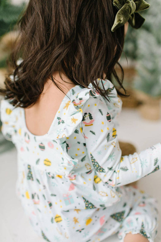 Ollie Jay - Mabel Romper in Festive Scenes | baby christmas clothing: 12/18m