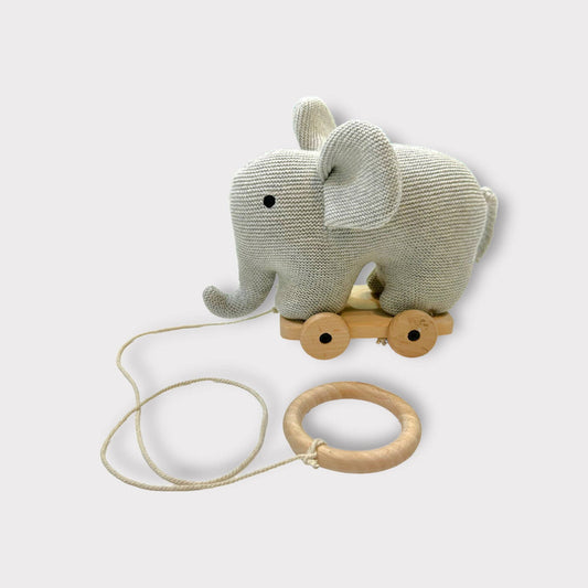 Viverano Organics - Stuffed Elephant Pull Cart Baby Toy - Organic Knit : Grey Heather / One Size