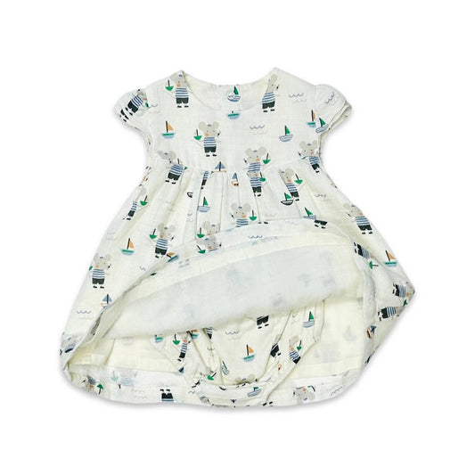 Viverano Organics - Mouse Sailor Cap Sleeve Dress+Bloomer (Organic Muslin): 18-24M / Soft White