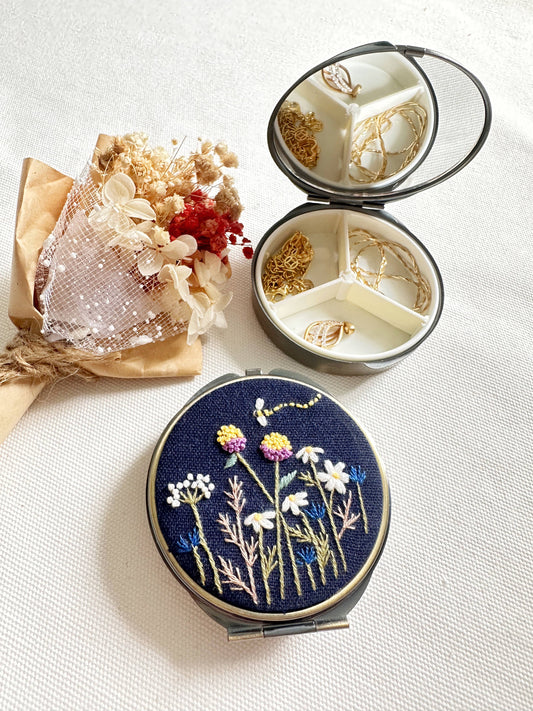 Quince Fables - Floral Embroidered Round Jewelry Box With Mirror, Flower Garden
