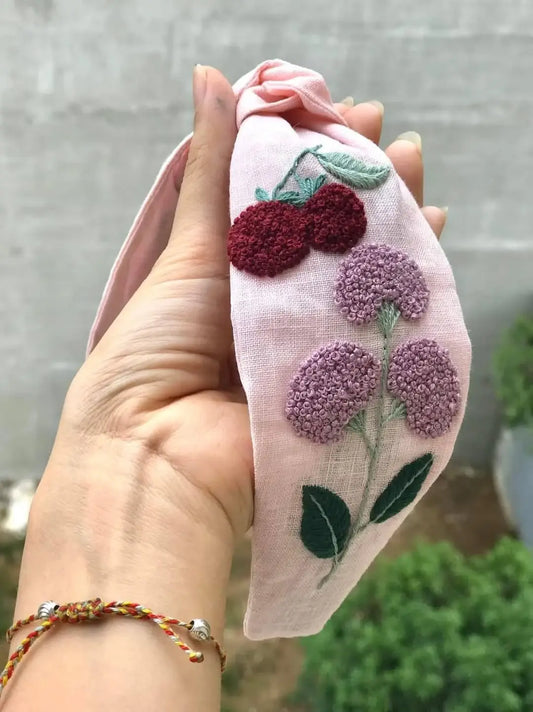 Quince Fables - Floral Embroidered Linen Knot Turban, Collection Sofia: 7.Hydrangea-Pink