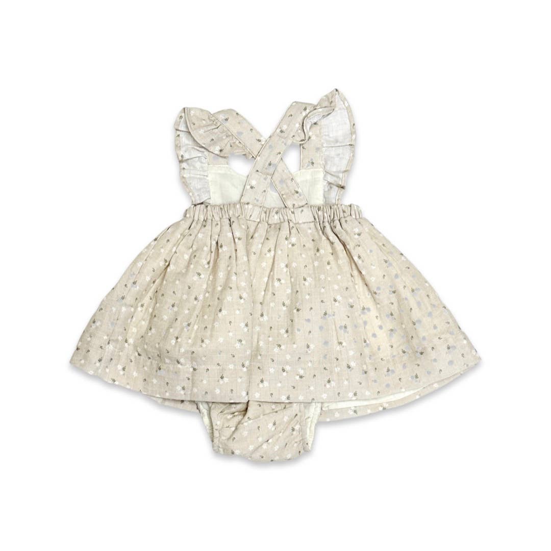 Viverano Organics - Ditsy Floral Ruffle Cross Back Flare Baby Dress+Bloomer: 3-6M / Light Tan