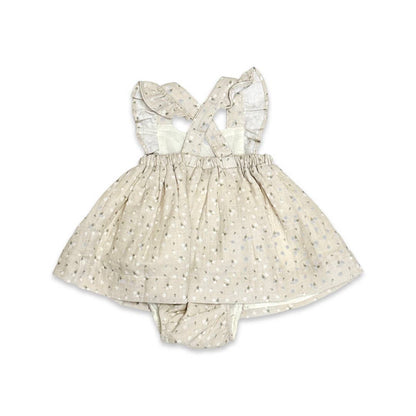 Viverano Organics - Ditsy Floral Ruffle Cross Back Flare Baby Dress+Bloomer: 3-6M / Light Tan