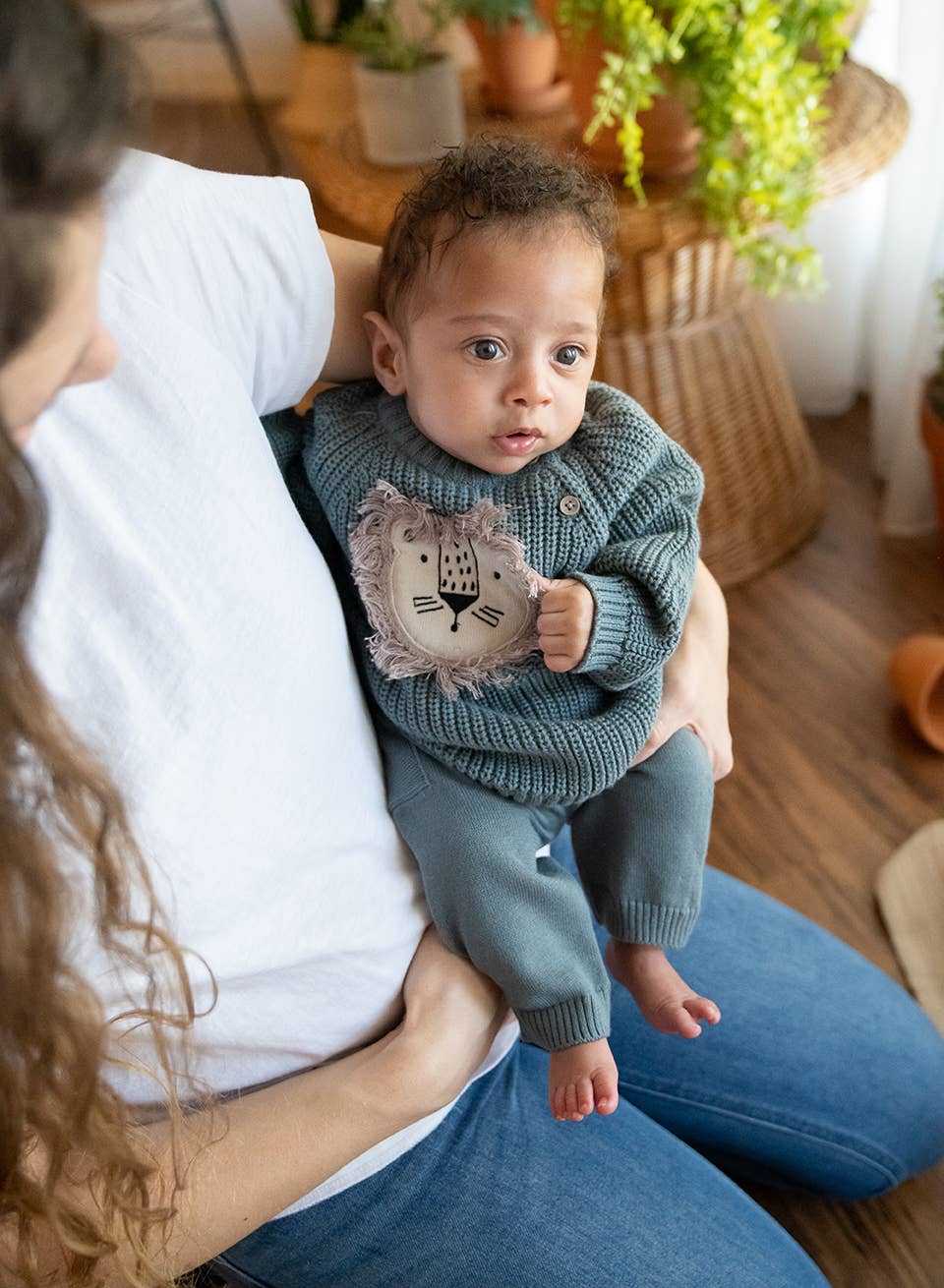 Viverano Organics - Lion Applique Baby Pullover Sweater Knit (Organic Cotton): Teal Blue / 3-6