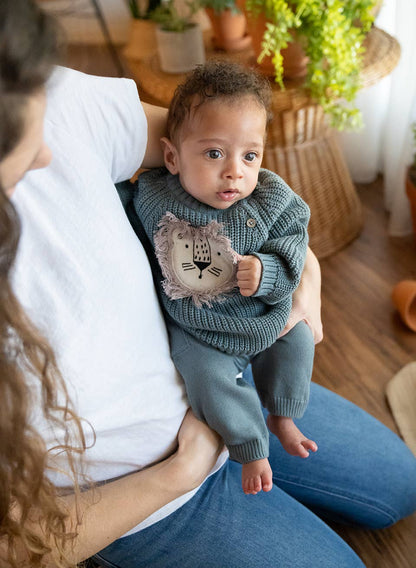 Viverano Organics - Lion Applique Baby Pullover Sweater Knit (Organic Cotton): Teal Blue / 3-6