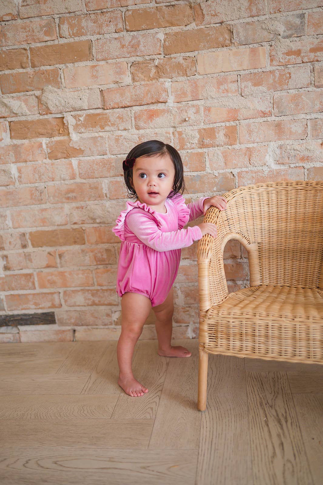 Ollie Jay - Leah Romper in Baby Pink Velvet | Baby Bubble: 6/12m