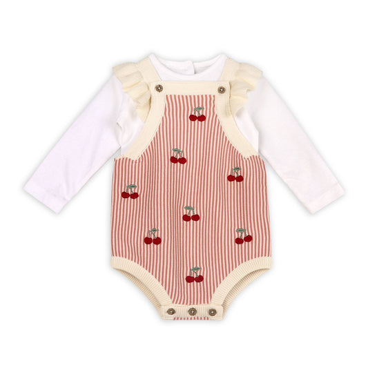 Viverano Organics - Cherry Stripe Embroidered Baby Ruffle Romper Set (Organic): Sweet Cream / 12-18M