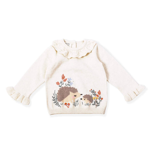 Viverano Organics - Hedgehog & Pointelle Collar Sweater Pullover(Organic Cotton): Oatmeal Heather / 3-6M