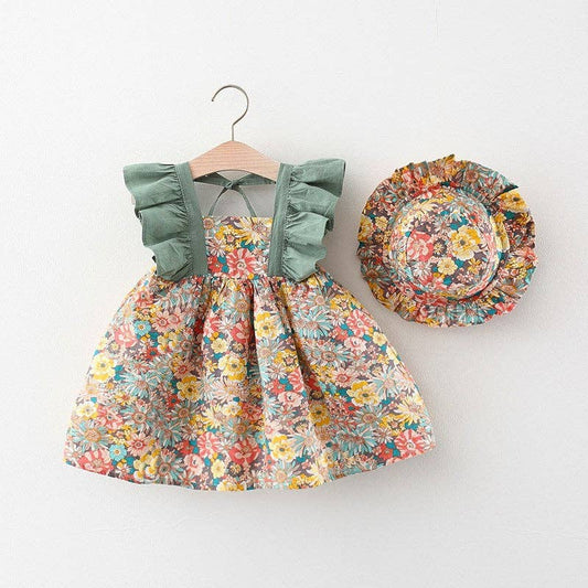 MyKids-USA® - Baby Girl Flower Pattern Butterfly Sleeve Design Cute Dress: Green / 90 (12-24M)
