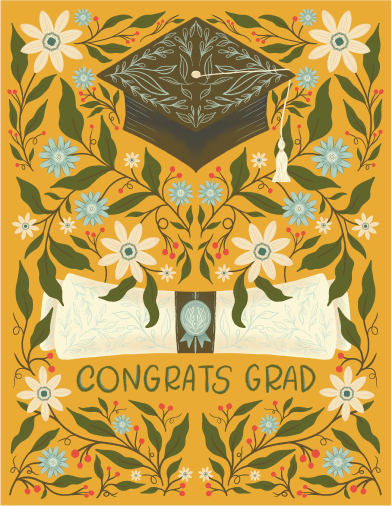 Amicreative - Classic Grad - Hand-Drawn  Cap & Diploma Graduation Card: Single