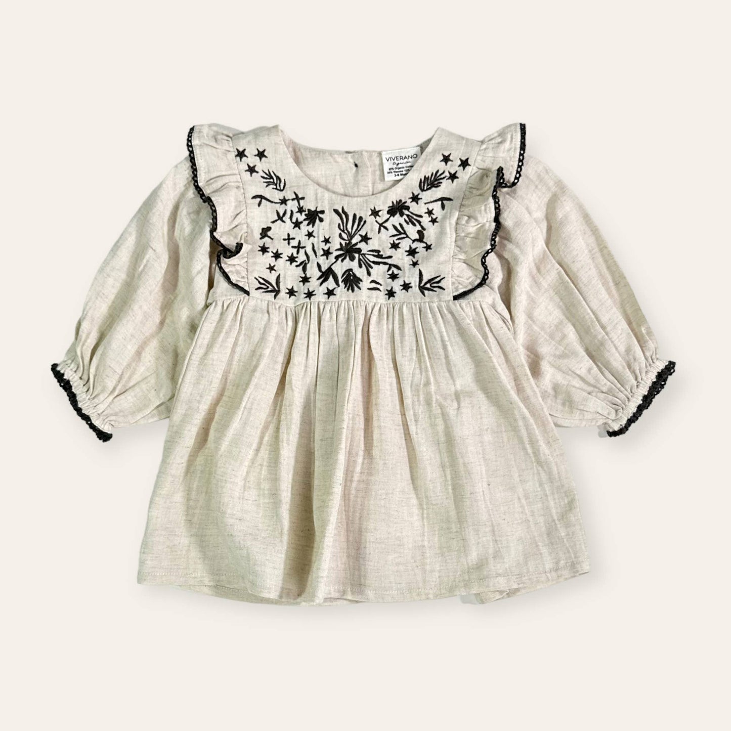 Viverano Organics - Embroidered Ruffle Flare Baby Dress (Organic Cotton / Linen): Sweet Cream / 18-24M