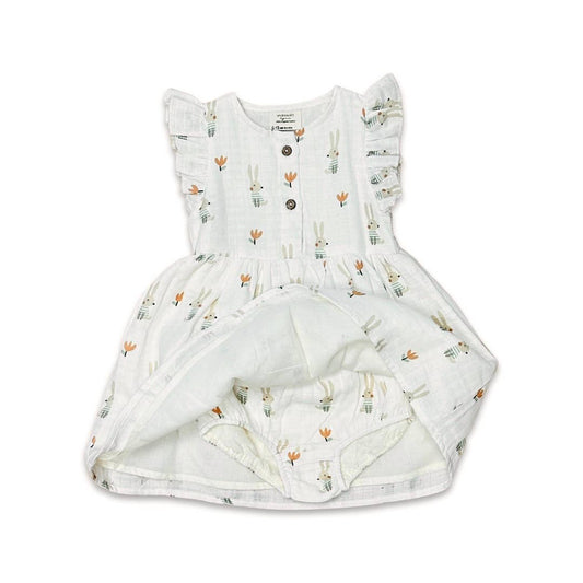 Viverano Organics - Bunny Ruffle & Button Flare Baby Dress+Bloomer (Organic): 6-12M / Soft White