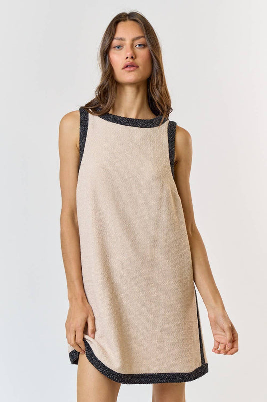 Lalavon - CONTRAST BINDING BOUCLE SLEEVELESS DRESS: ECRU - M