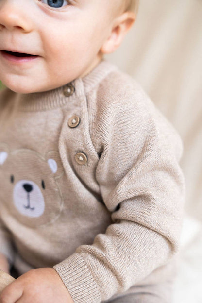 Viverano Organics - Teddy Bear Applique Baby Raglan Pullover (Organic Cotton): Oat Heather / 3-6M