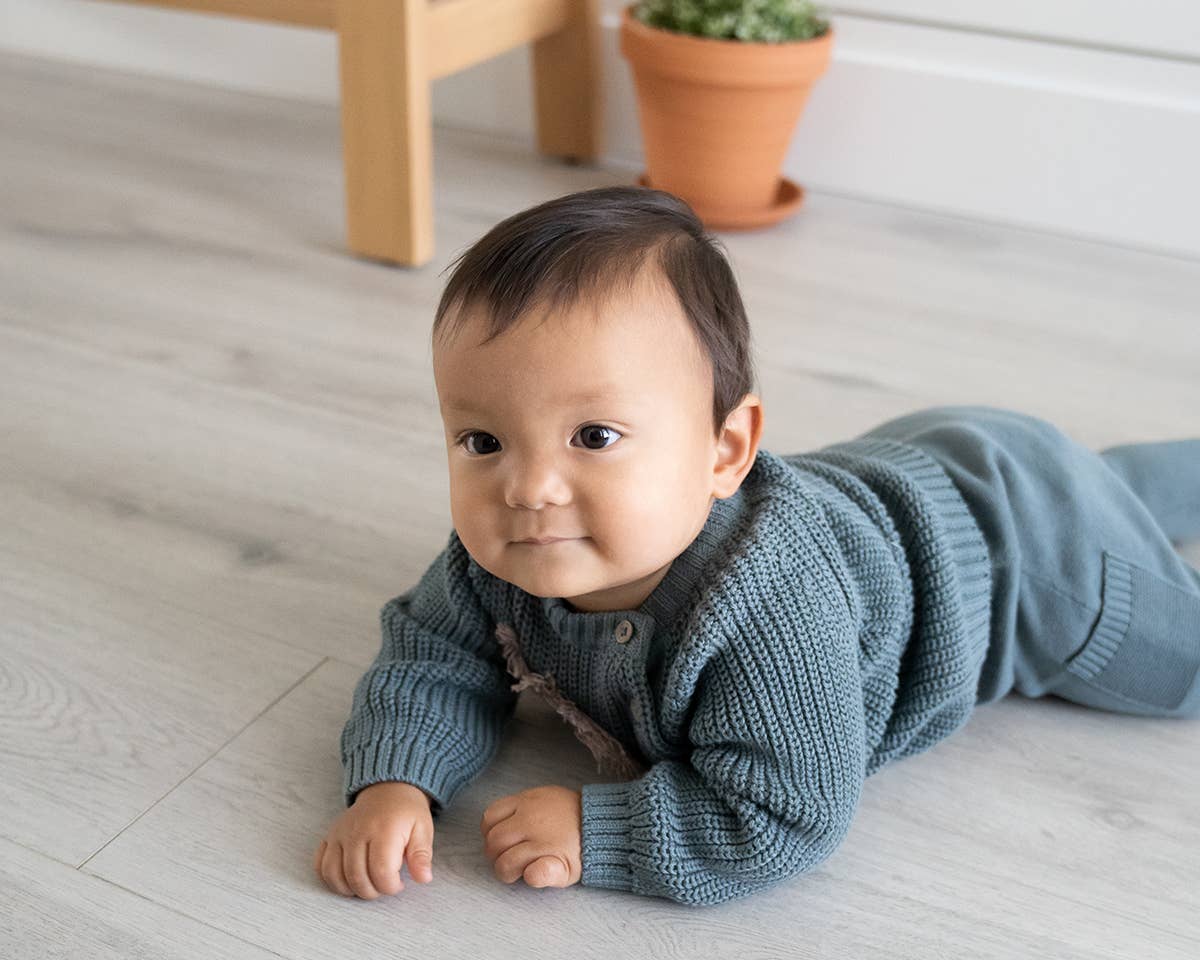 Viverano Organics - Lion Applique Baby Pullover Sweater Knit (Organic Cotton): Teal Blue / 3-6