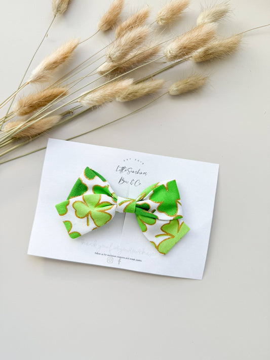 Little Sunshines Bow & Co - White & Gold Sparkle Clovers St Patricks Day Pinwheel Bow  : Pigtail Set