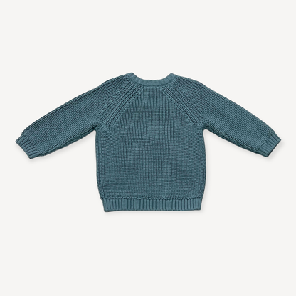 Viverano Organics - Lion Applique Baby Pullover Sweater Knit (Organic Cotton): Teal Blue / 3-6