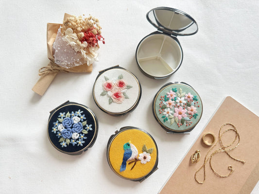 Quince Fables - Floral Embroidered Round Jewelry Box With Mirror, Flower Garden