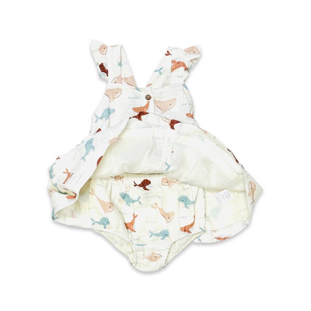 Viverano Organics - Whales Ruffle & Button Baby Dress+Bloomer (Organic Muslin): 12-18M / Natural