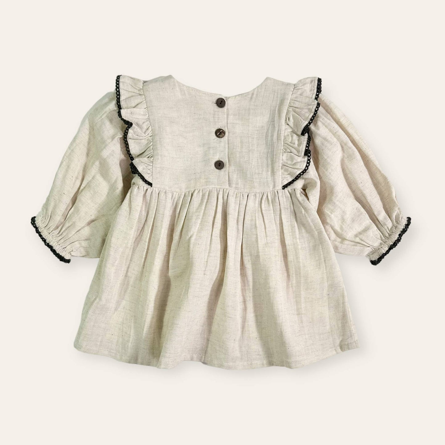 Viverano Organics - Embroidered Ruffle Flare Baby Dress (Organic Cotton / Linen): Sweet Cream / 3T