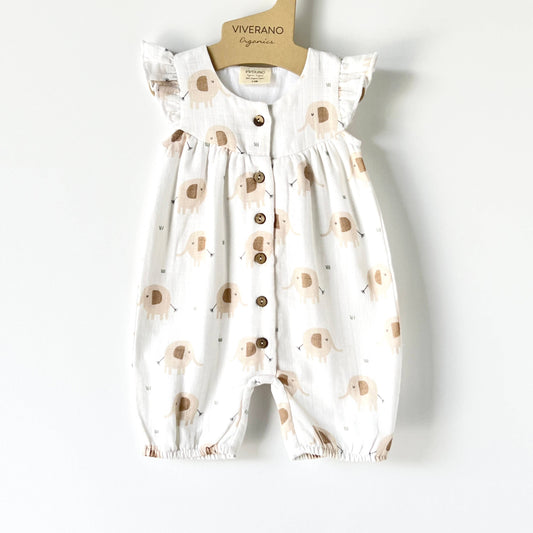 Viverano Organics - Elephant Ruffle & Button Baby Short Romper (Organic Muslin): Natural / 6-12M