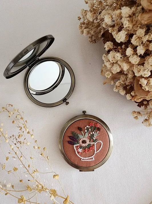 Quince Fables - Floral Embroidered Compact Mirror, Collection Sophia: 2. Flower cup