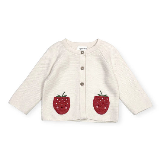 Viverano Organics - Strawberry Embroidered Pocket Baby Cardigan (Organic Cotton): Natural / 3-6M