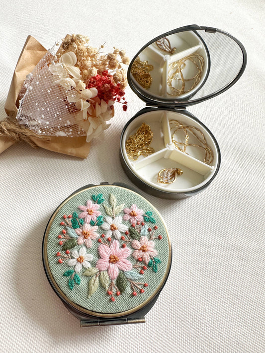 Quince Fables - Floral Embroidered Round Jewelry Box With Mirror, Full Flowers