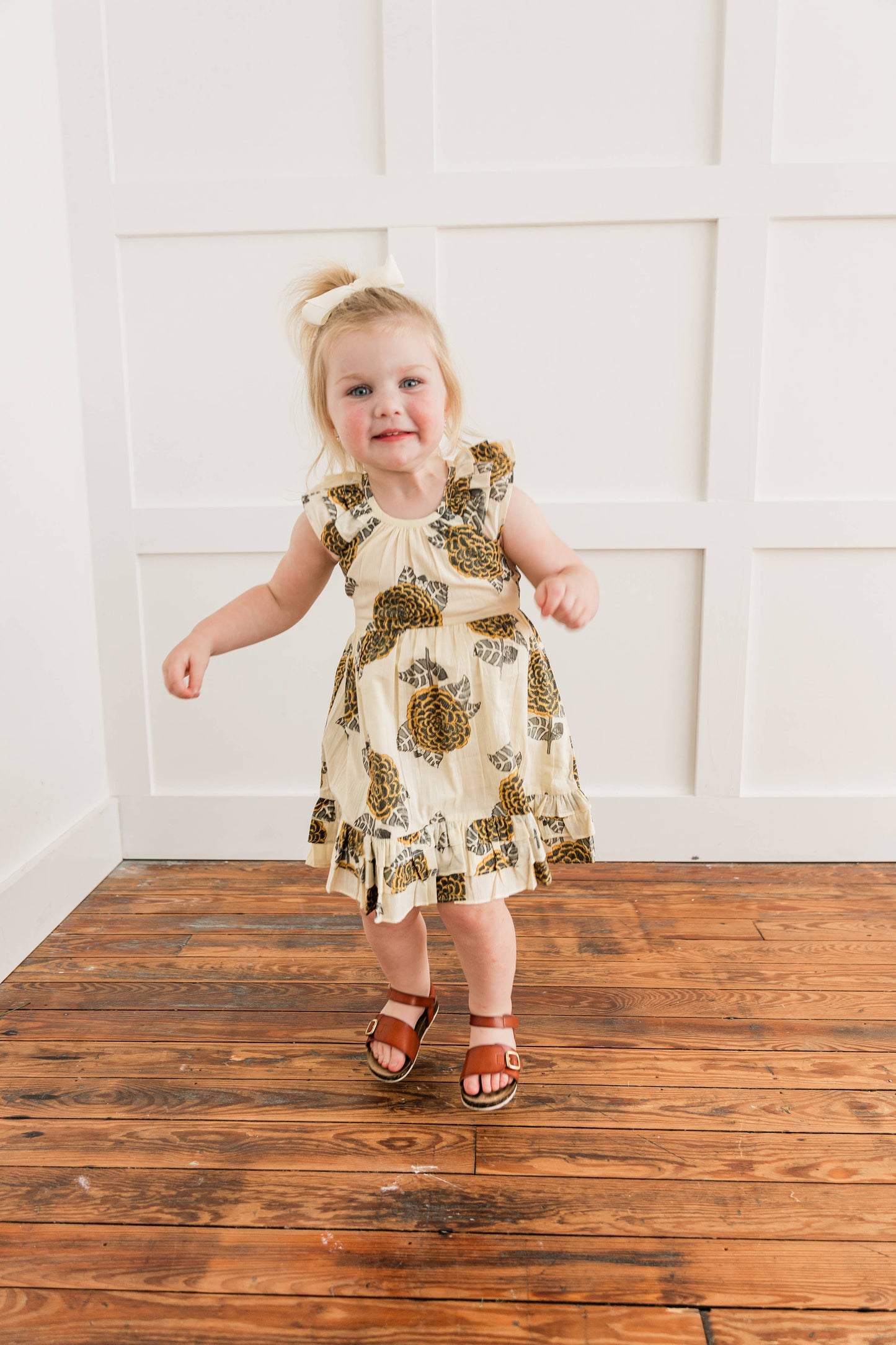 Yo Baby - Mustard & Grey Floral Print Sleeve & Bottom Ruffled Gathered: 3-6 month